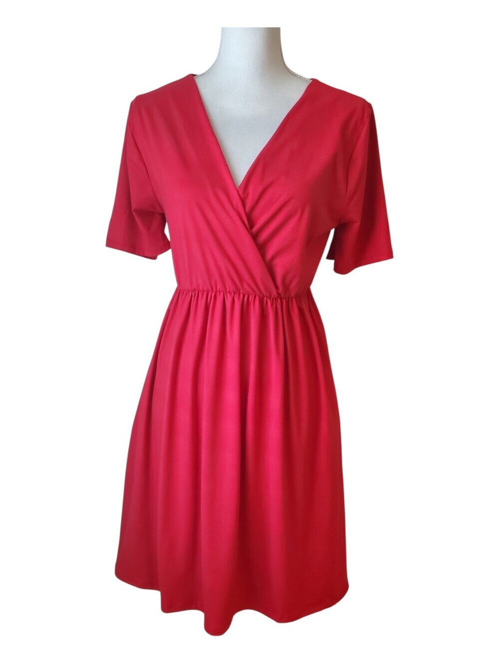 ​Zenana Red Surplice Short Sleeve Brushed DTY Faux Wrap Dress Pockets Size L